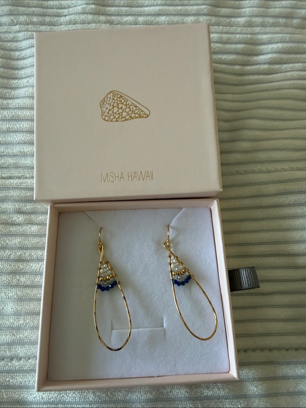 Gold Teardrop Earrings with Blue and White Beads